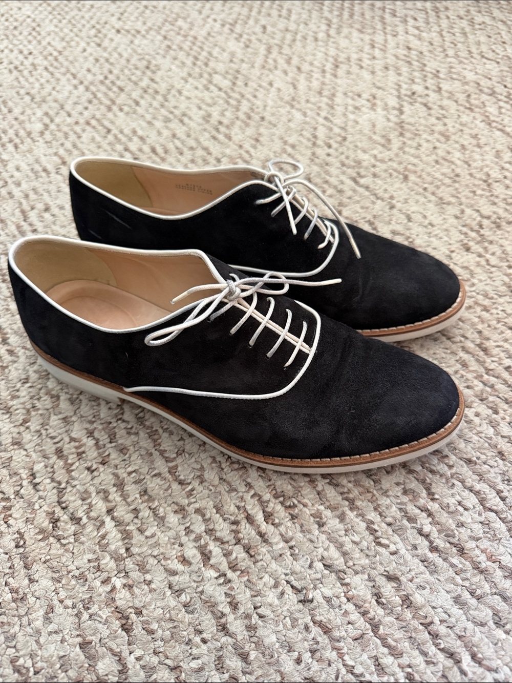 J. Crew Black Suede Oxfords with White Trim